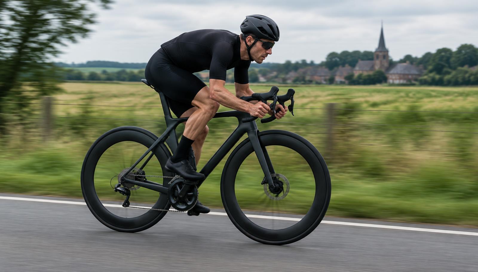 Wielrenner op een racefiets met hoge carbonvelgen op een Belgische landweg